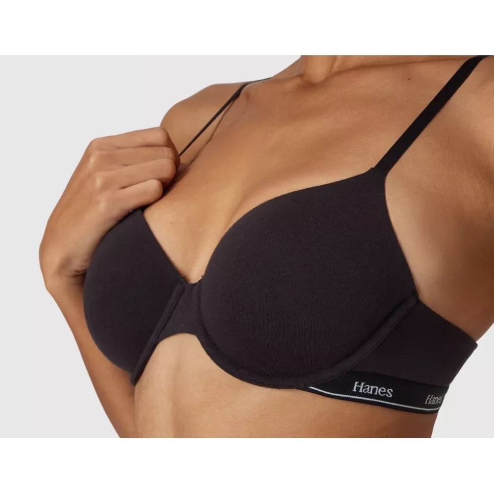 Hanes Originals Black Cotton Stretch T-Shirt Underwire Bra MJO15 Convertible 36B